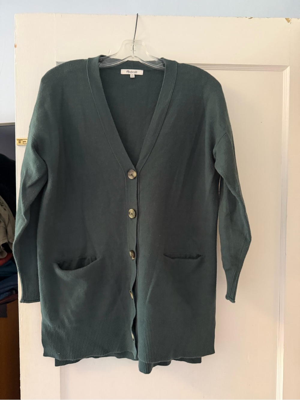 Madewell Deep Green Long V-Neck Button Cardigan